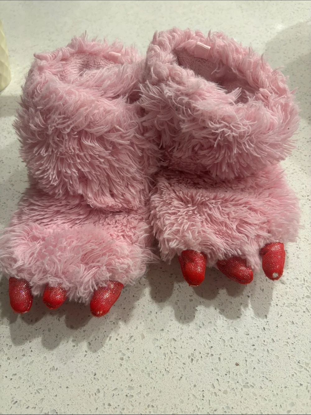 Plush Pink Fuzzy Monster Slipper Boots with Red Claws
